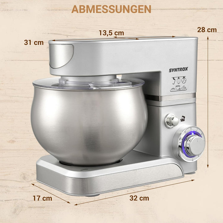 Syntrox Küchenmaschine & Knetmaschine Silber Basic 5 Liter, Stabile rutschfeste Gummifüsse, Hochwert