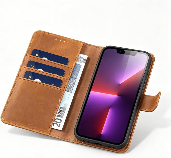 LENSUN Echtleder Hülle für iPhone 13 Pro, Handyhülle [Echtes Leder][Magnetverschluss][RFID Schutz] H