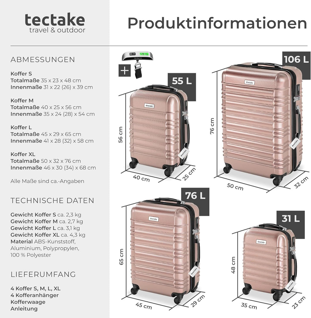 tectake®, 4tlg. Hartschalenkoffer Set, Reisekoffer Set mit Rollen, Hartschale aus ABS, Koffer Set mi