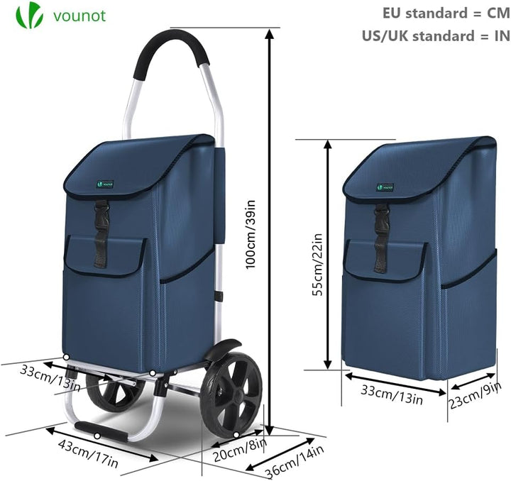 VOUNOT® Einkaufstrolley Klappbar aus Aluminium mit 58L Wasserdichter Tasche, 2 Extra grosse Räder mi