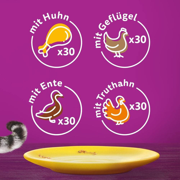 Whiskas Adult 1+ Katzennassfutter Geflügel Auswahl in Gelee, 120 Portionsbeutel, 120x85g (1 Grosspac