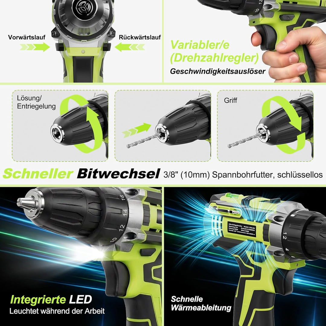 12V klein Akkuschrauber Set, Akku bohrschrauber mit 2 * 2000 mAh Akkus, 3/8" Bohrfutter, 18+1 Drehmo
