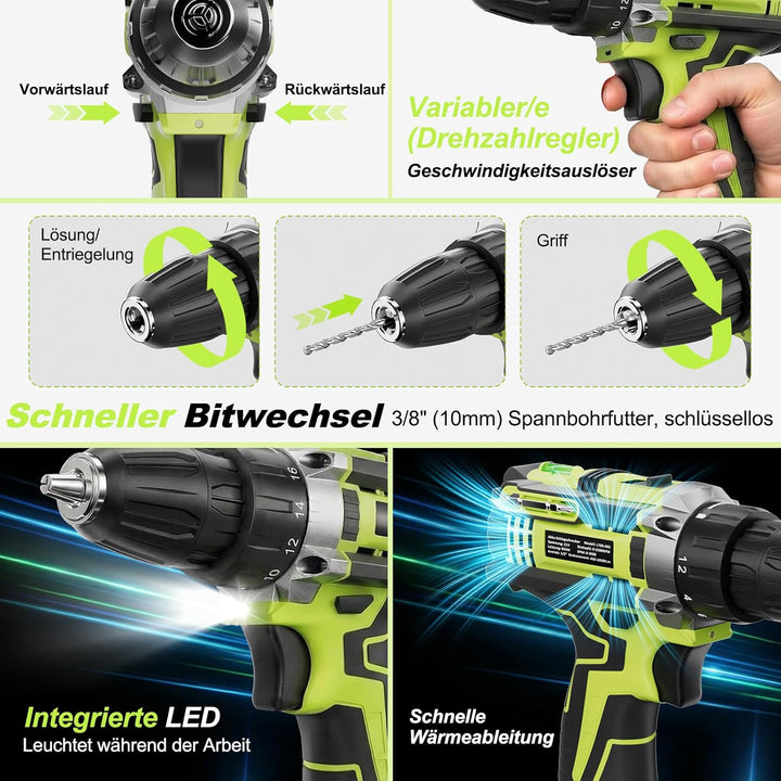 12V klein Akkuschrauber Set, Akku bohrschrauber mit 2 * 2000 mAh Akkus, 3/8" Bohrfutter, 18+1 Drehmo