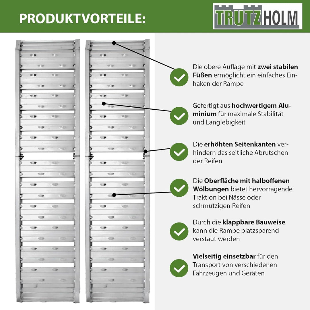 TRUTZHOLM 2 x Auffahrrampe klappbar 180 cm Traglast 400 kg Alu grau geriffelt/gelocht Verladerampe
