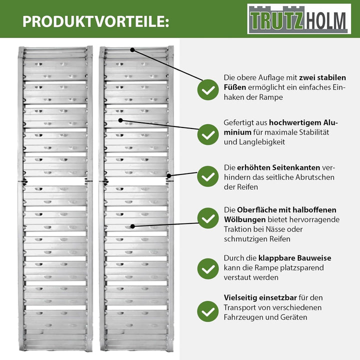 TRUTZHOLM 2 x Auffahrrampe klappbar 180 cm Traglast 400 kg Alu grau geriffelt/gelocht Verladerampe