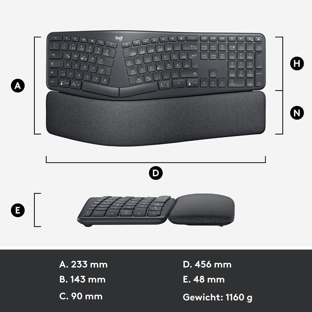 Logitech ERGO K860 kabellose ergonomische Tastatur – geteilte Tastatur, Handballenauflage, natürlich