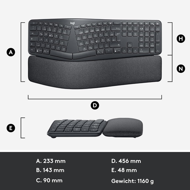 Logitech ERGO K860 kabellose ergonomische Tastatur – geteilte Tastatur, Handballenauflage, natürlich