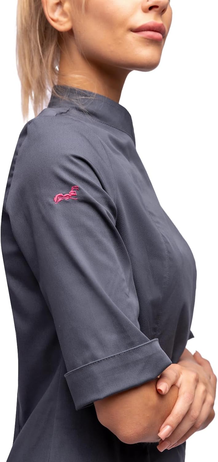 strongAnt Kochjacke Damen kurzarm Stretch mit Druckknöpfen oder Reissverschluss Kochuniform XS Grau