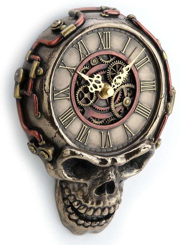 Veronese Design Wanduhr, Steampunk, flach, Totenkopf, mechanisch, zum Aufhängen, Antik-Bronze-Finish
