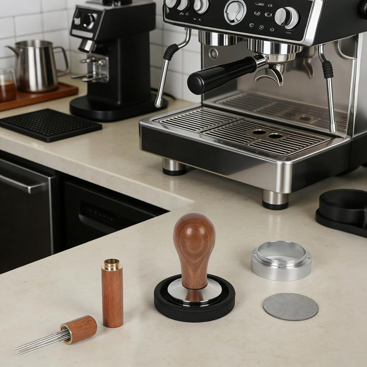 Kaffee Tamper 51mm Set, Siebträger Zubehör Set mit Puck Screen 51mm, WDT Tool, Tampermatte und Magne