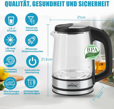 HOMELUX Wasserkocher Glas 1500 Watt 1,8 Liter, Electric Kettle Mit Led-Beleuchtung, Glas wasserkoche