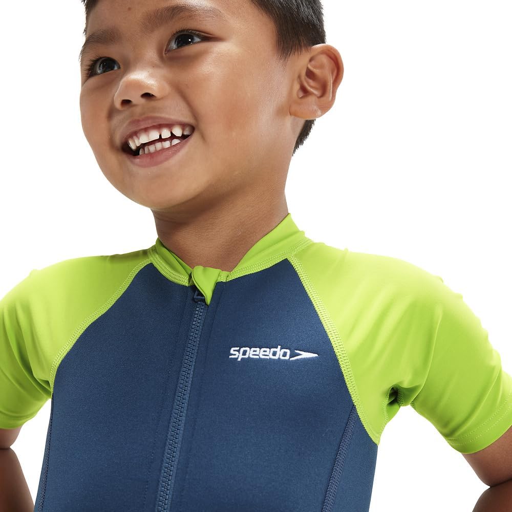 Speedo Jungen Learn To Swim Essential Wetsuit Badeanzug, Harmony Blau/Grün Lizard, 5 Jahre