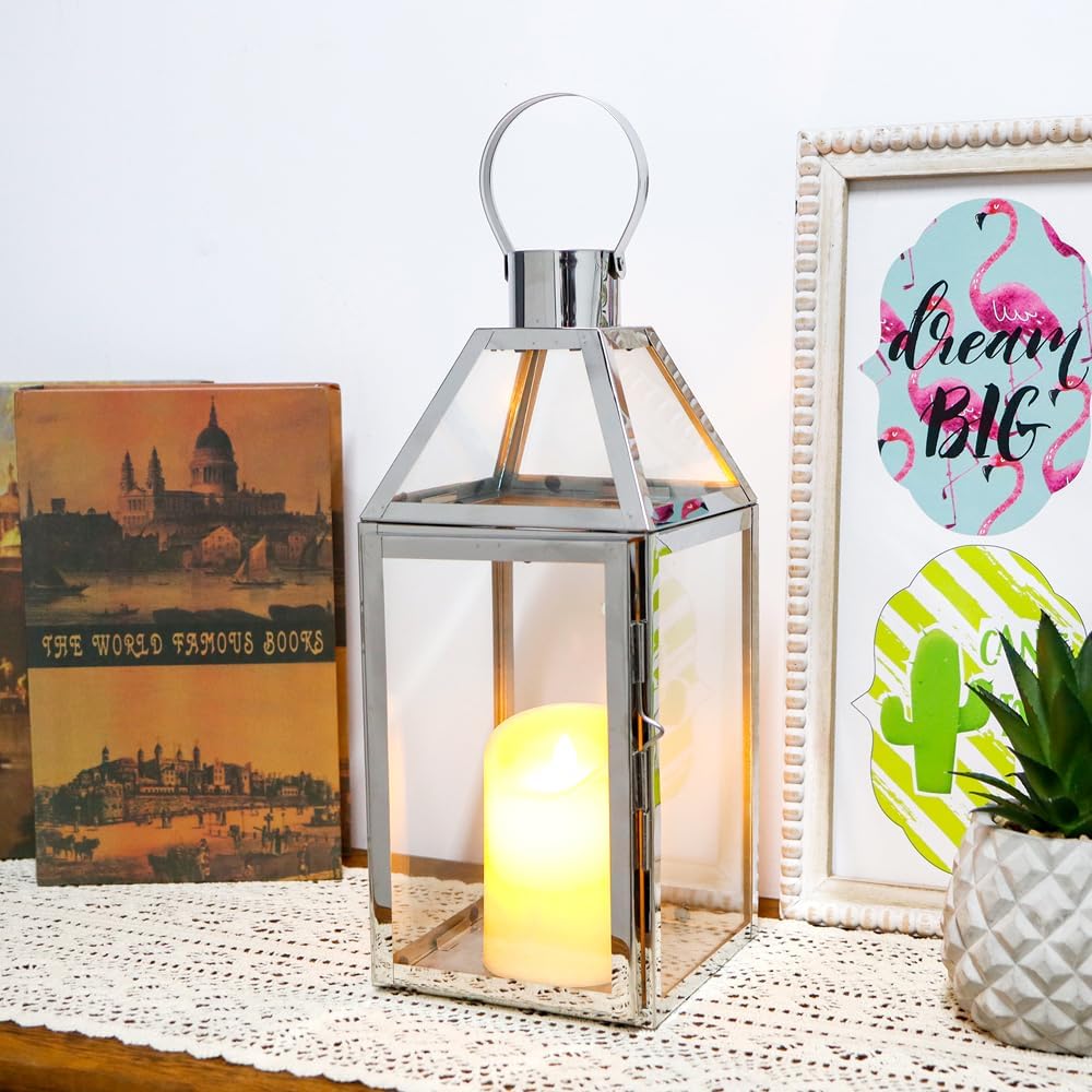 JHY DESIGN Kerzen Laternen, Glas Laternen 34cm Hohe Edelstahl Kerze Windlicht Hängender Kerzenstände