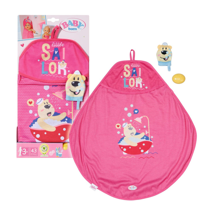 BABY born Bath, Puppenzubehör fürs Bad mit Kapuzenhandtuch, Schwamm und Waschlappen, für 43 cm Puppe
