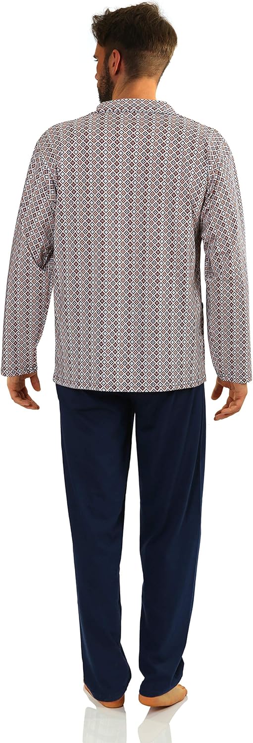 sesto senso Herren Pyjama mit Knopfleiste Lang Baumwolle Schlafanzug Knöpfen M T-shirt - Muster Weis