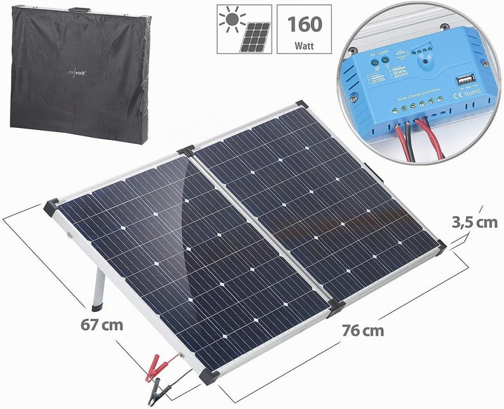revolt Solar Camping: Faltbares mobiles 160W Solarpanel mit Laderegler 12V/10A mit USB (Solarkoffer