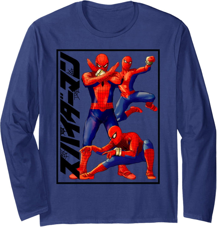 Marvel Spider-Man Action Pose Kanji Vintage Poster Langarmshirt