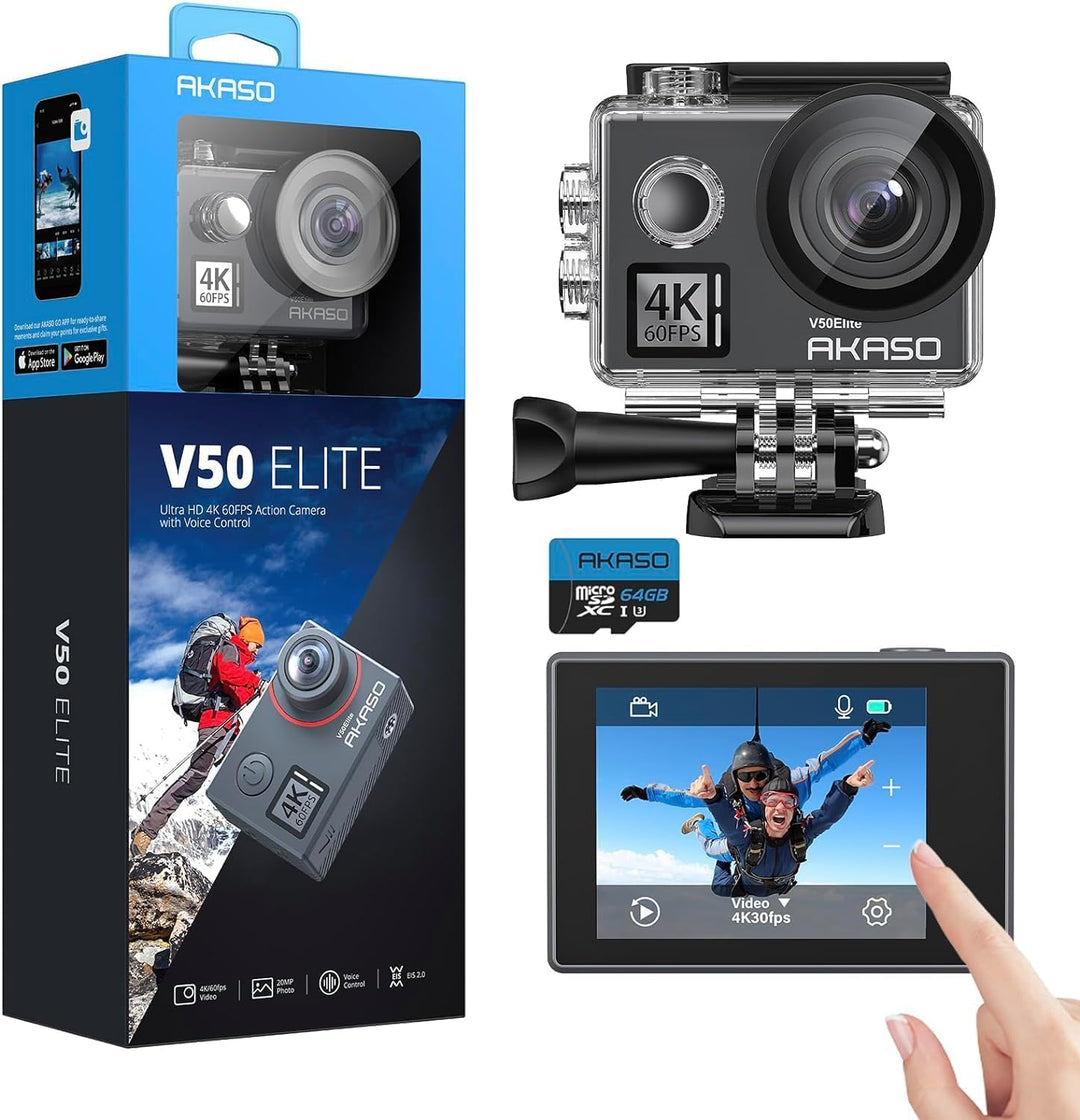 AKASO V50 Elite Action Cam mit MicroSDXC Speicherkarte 64 GB 4K/60 fps 20 MP WiFi, Unterwasserkamera