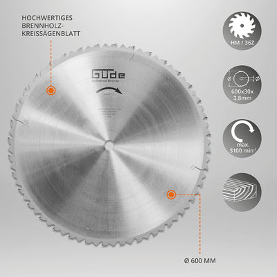 Güde Brennholzsägeblatt HM 600x30x36Z (aus Hartmetall, Wechselzahn mit Abweiserstegen, 36 Zähne, 60