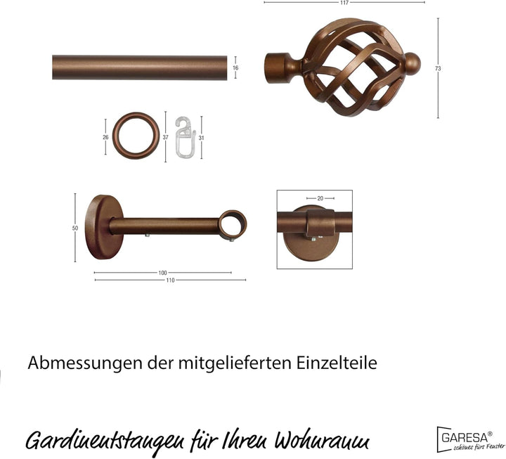 Garesa Gardinenstange Rustika Ø 16mm, 1-läufig, Bronze I Rustikale Vorhangstange aus Metall inkl. Ri