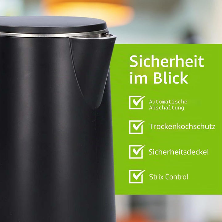 Wasserkocher - 1.5 l - Plastik - Schwarz - Um 360 Grad drehbar - Verdecktes Heizelement - Strix Cont