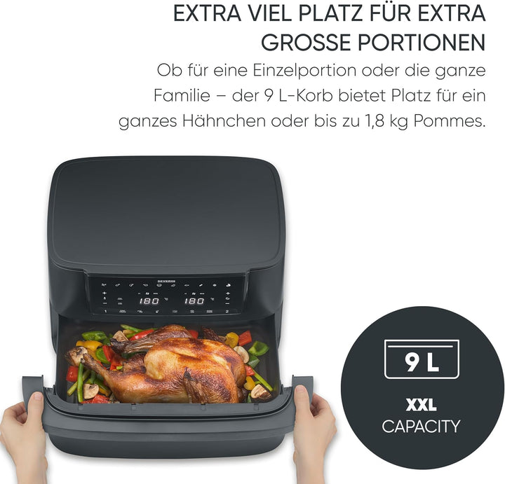 Severin Heissluftfritteuse Max Zone Flex, 9L oder 2x 4,5L, XXL Fritteuse, Kochen ohne Fett, 2 Garzon