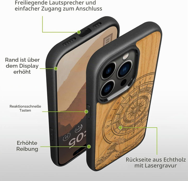 Carveit Holz Cover für iPhone 15 Pro Max Handyhulle kompatibel mit MagSafe Massivholz für Apple 15 p