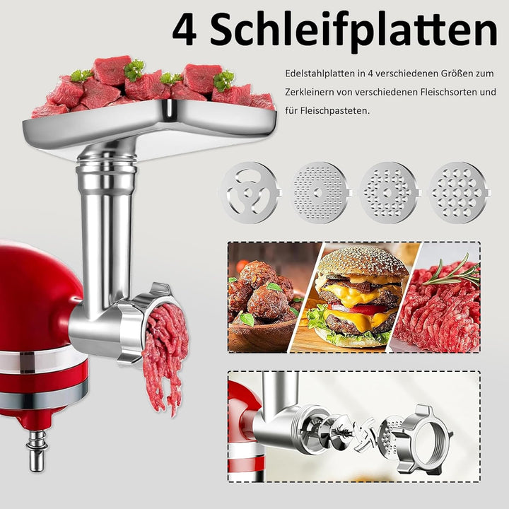 Edelstahl Fleischwolf Aufsatz für Kitchenaid, Mit 4 Gemüseschneideaufsatz 4 Mahlscheiben 3 Klingen 3
