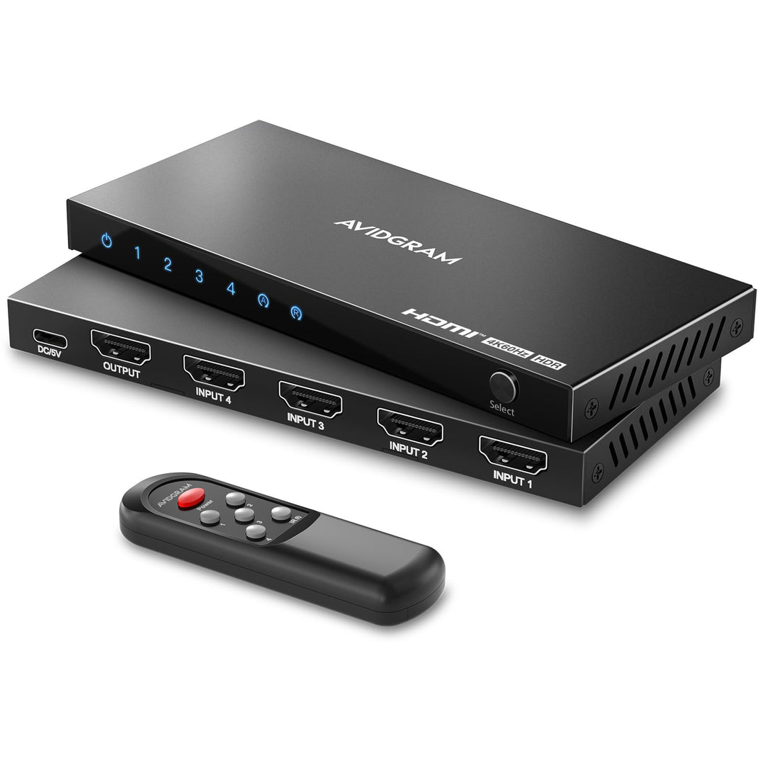 HDMI Switch 4K 60Hz, AVIDGRAM HDMI 2.0 Umschalter 4 in 1 Out, 4 Port HDMI Selector Box with IR Remot