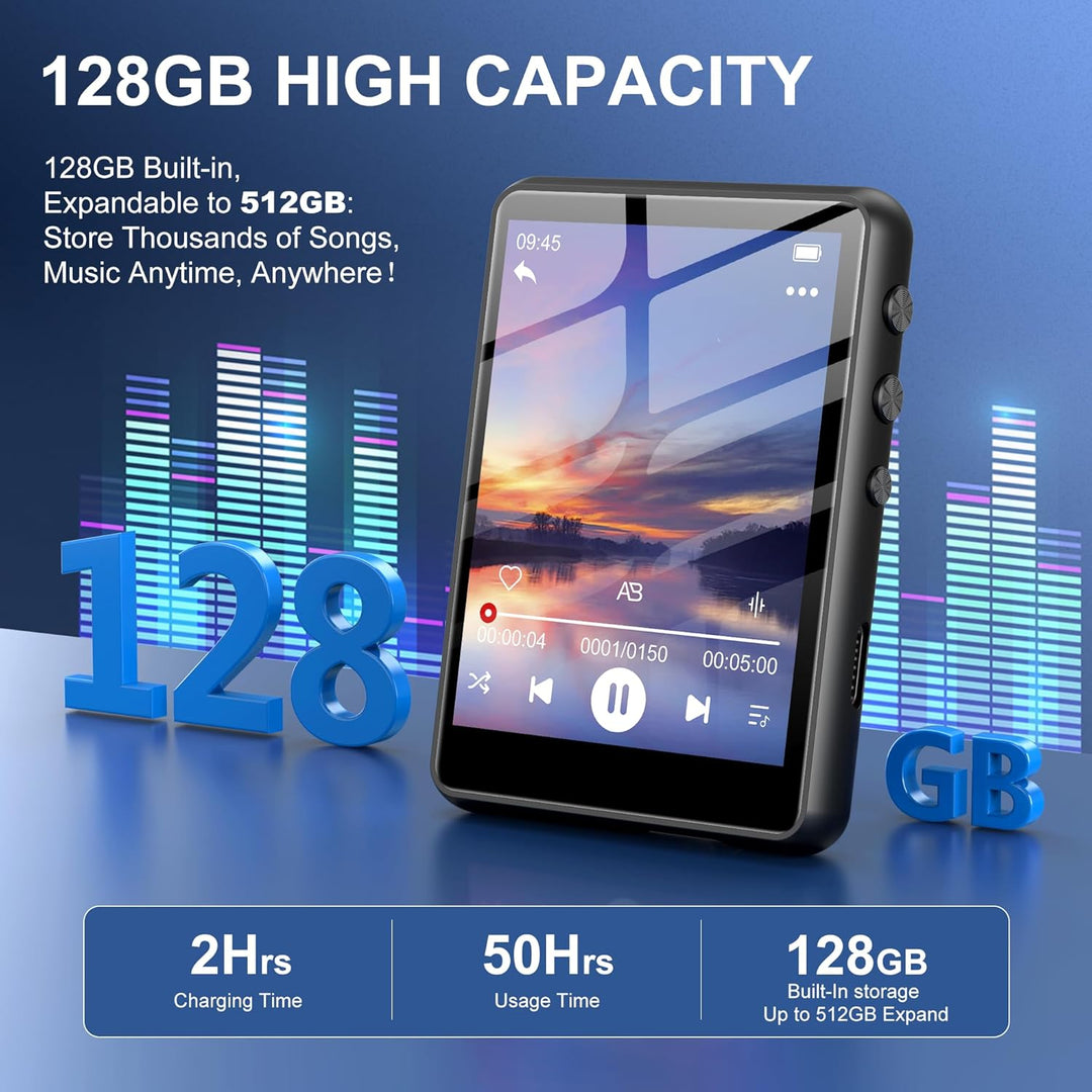 SWOFY 128GB MP3-Player, Bluetooth 5.3, 2,4-Zoll Touchscreen, HiFi-Klang, eingebauter Lautsprecher, A