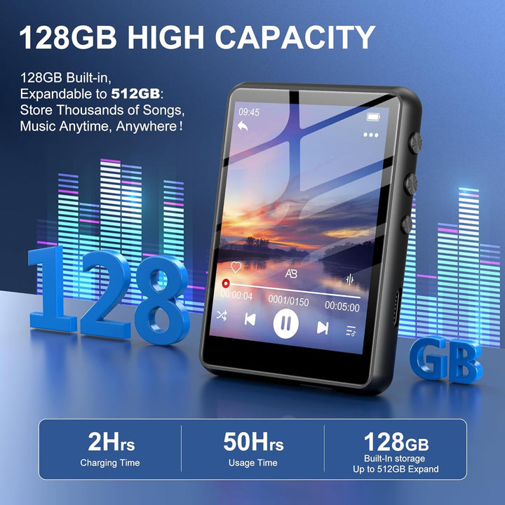 SWOFY 128GB MP3-Player, Bluetooth 5.3, 2,4-Zoll Touchscreen, HiFi-Klang, eingebauter Lautsprecher, A