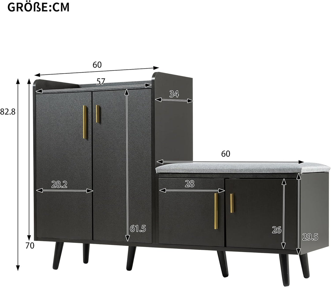 Merax Schuhschrank mit Sitzbank, Schuhbank mit Sitzfläche, 4 Stauraumtüren, asymmetrische Metallgrif
