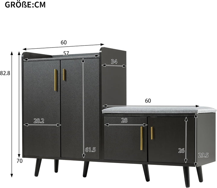 Merax Schuhschrank mit Sitzbank, Schuhbank mit Sitzfläche, 4 Stauraumtüren, asymmetrische Metallgrif