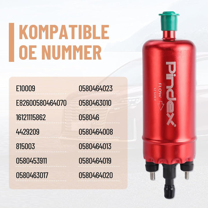 Pindex Elektrische Kraftstoffpumpe 12V 0580464070, elektr. Hochdruckkraftstoffpumpe 8.5Bar mit Dämpf