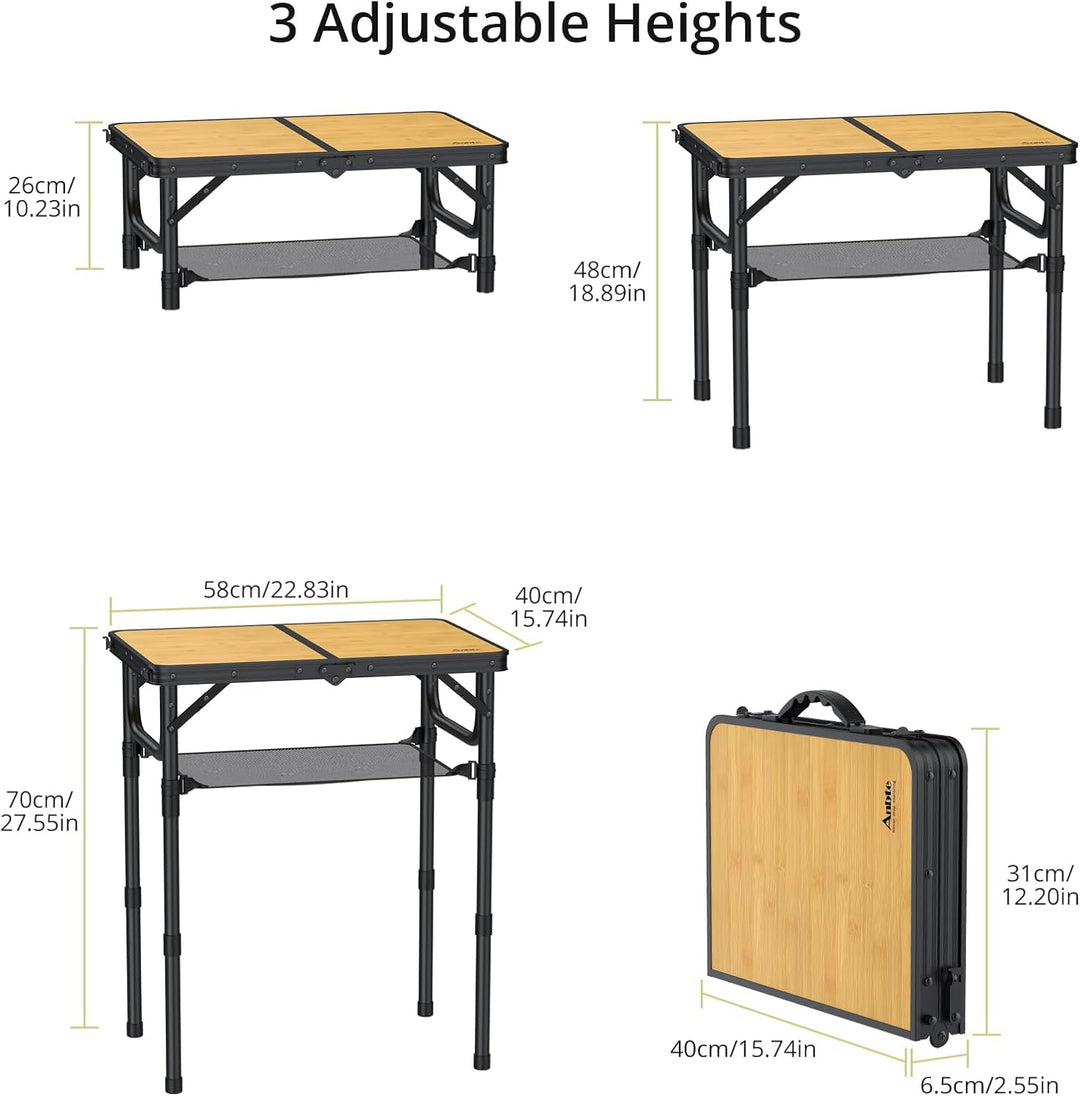 Anbte Campingtisch Klappbar 58x40cm Aluminium Schwarz-Rahmen Picknicktisch 3 Höhen Verstellbar 26/48