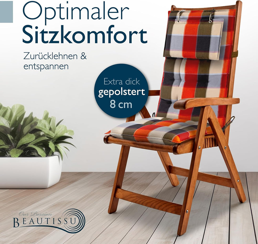 Beautissu 3er Set Premium Hochlehner Auflage Kopfpolster 120x50cm Sun-HL – 8cm Dick Polster Gartenst