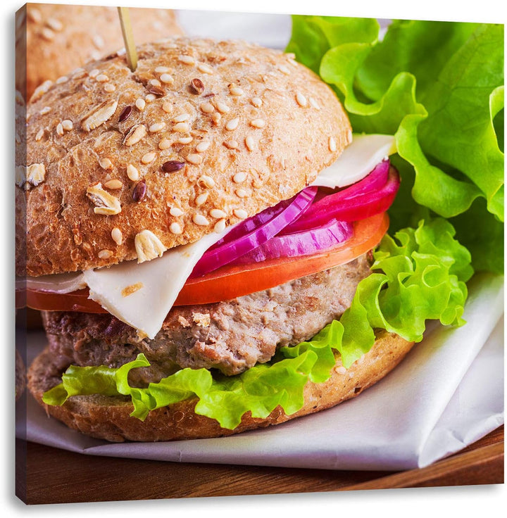 Köstlicher Hamburger, Format: 70x70 auf Leinwand, XXL riesige Bilder fertig gerahmt mit Keilrahmen,