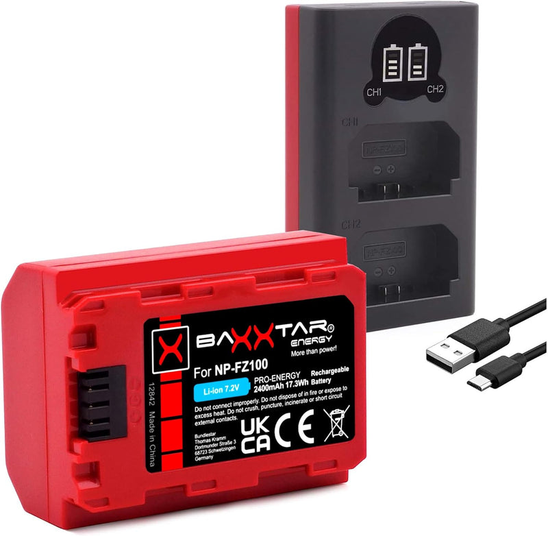 Baxxtar Pro NP-FZ100 2400mAh Kamera-Akku/Generation IV/Laden mit Mini LCD DUAL Gerät - Eingang USB-C