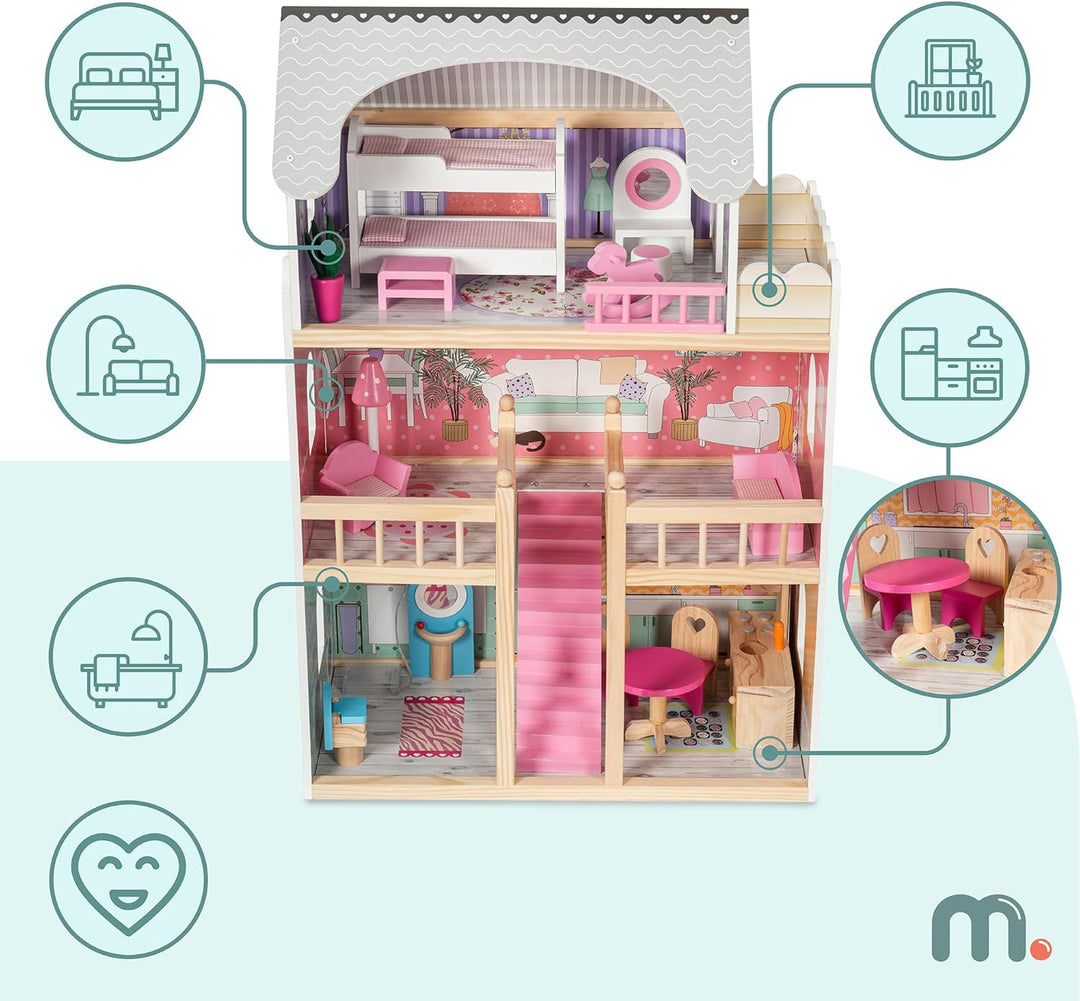 mamabrum Puppenhaus Holz ab 3 Jahre Mädchen – Grosses Puppenhaus mit Möbeln & LED Beleuchtung – 3 Et