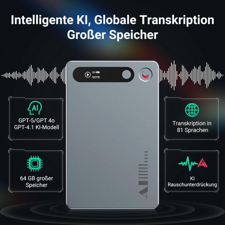 MECHEN KI Diktiergerät Digitales, 64GB Aufnahmegerät mit KI-Technologie zum Transkribieren und Zusam