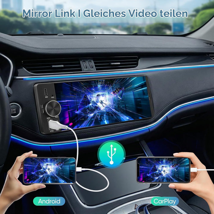 6,3 Zoll 1 DIN Autoradio mit Wireless CarPlay &amp; Android Auto, Rückfahrkamera, Mirror Link, Freisprec