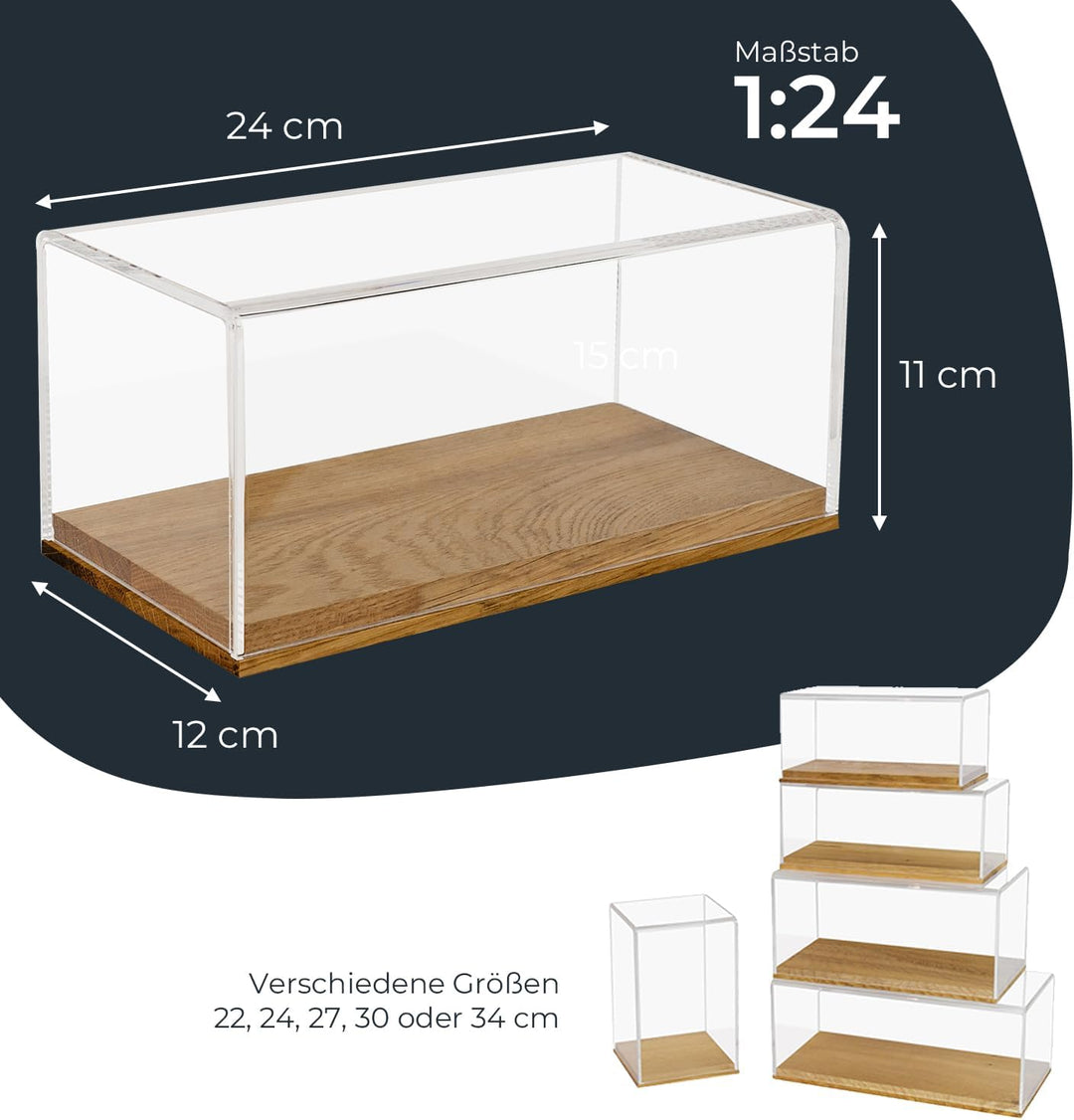 HMF 46871 Acryl Vitrine / Schaukasten mit Holzsockel für Modellautos | 24 x 12 x 11 cm | Transparent