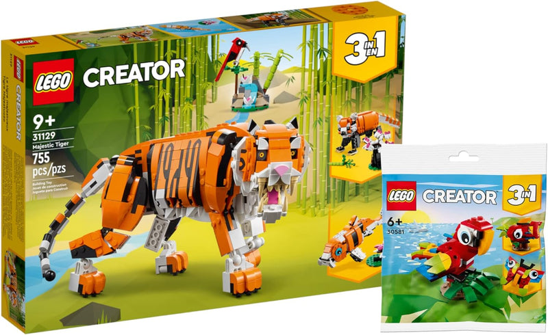 Lego Creator 3-in-1 Set: Majestätischer Tiger 31129 + Tropischer Papagei 30581(Polybag), für Kinder