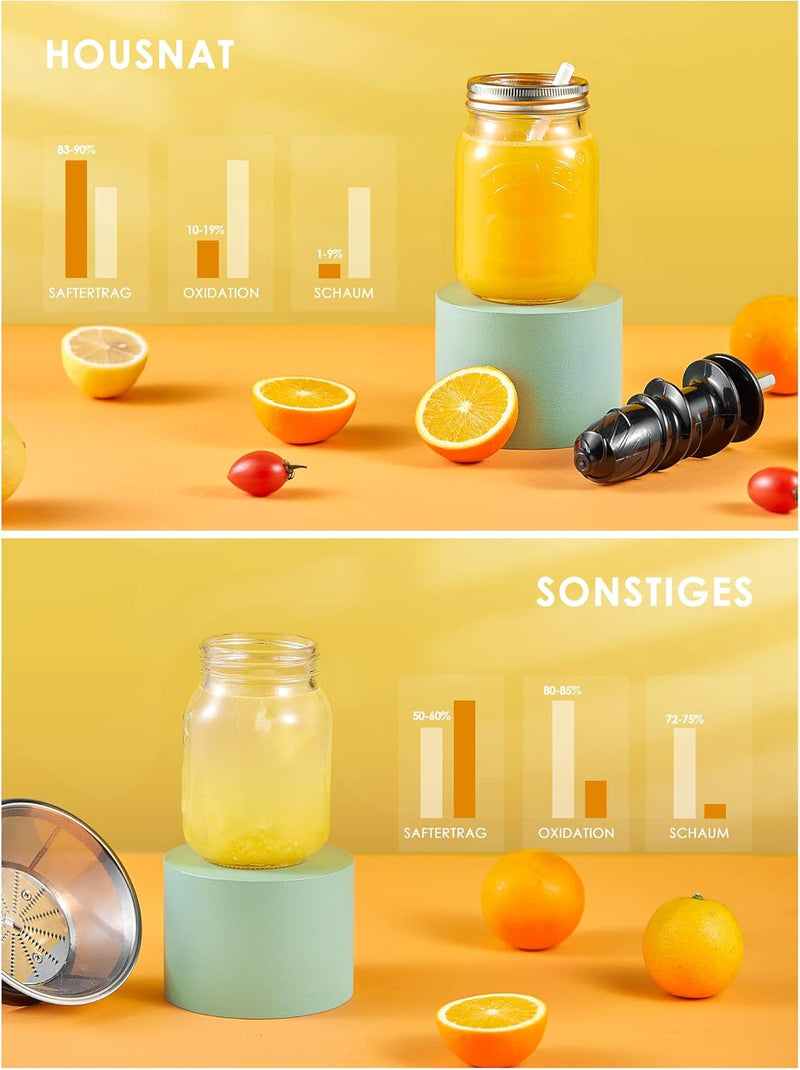 Slow Juicer Entsafter, HOUSNAT Entsafter Gemüse und Obst, Profi Entsafter mit Ruhigem Motor │Umkehrf