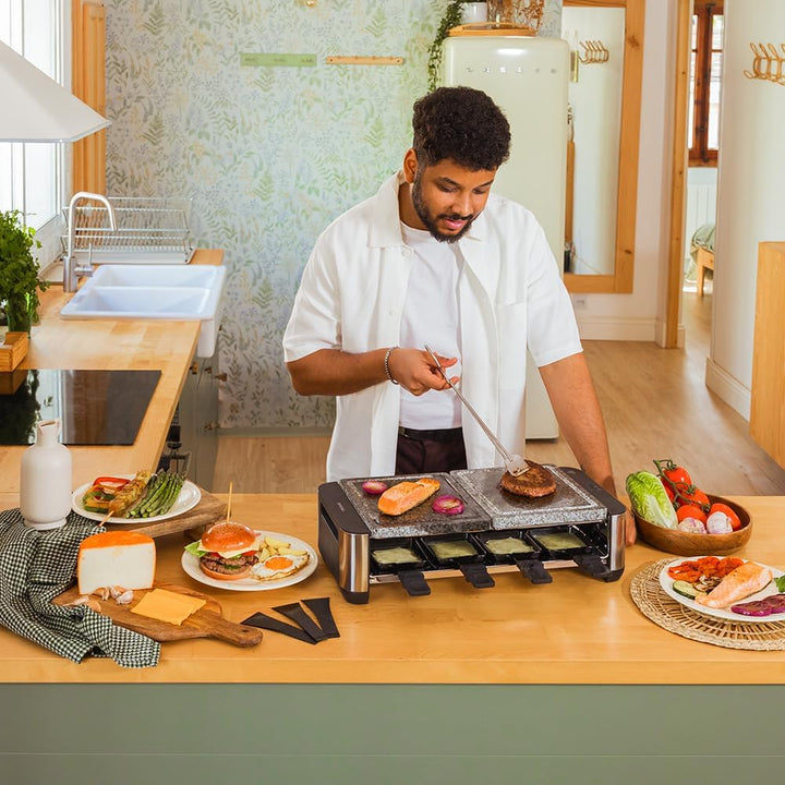 Cecotec Raclette Cheese&Grill 16000 Inox AllStone, 8 Personen, 1400 W Grill, einstellbares Thermosta