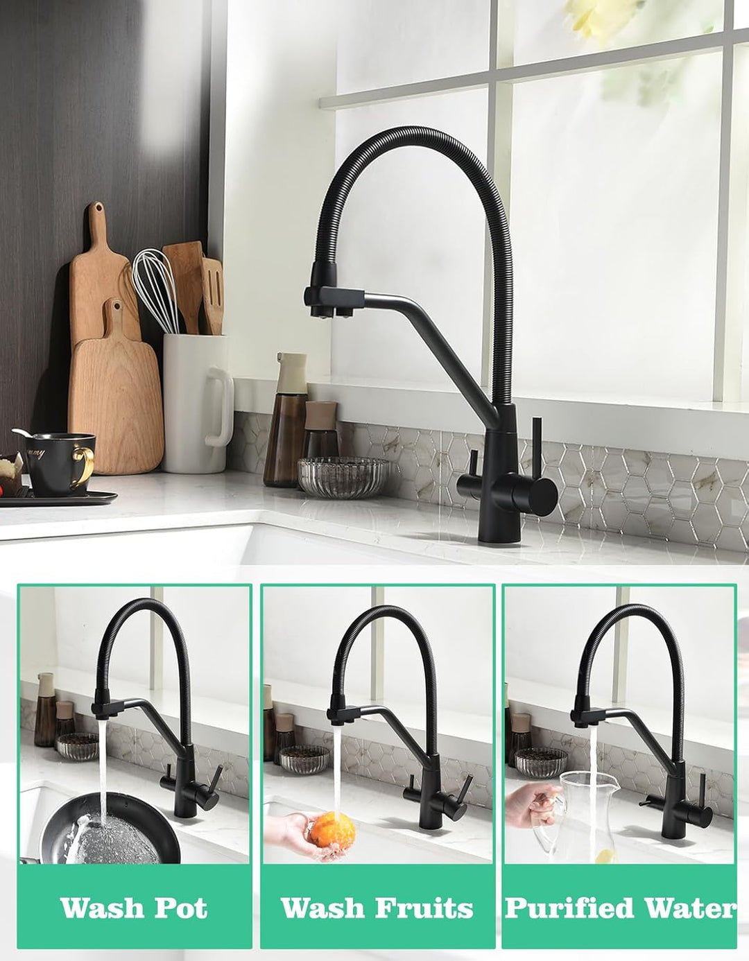 TIMACO 3 Wege Wasserhahn Küche Schwarz,Küchenarmatur-360° Drehbar,mit 3 in 1 Wasserhahn für Wasserfi