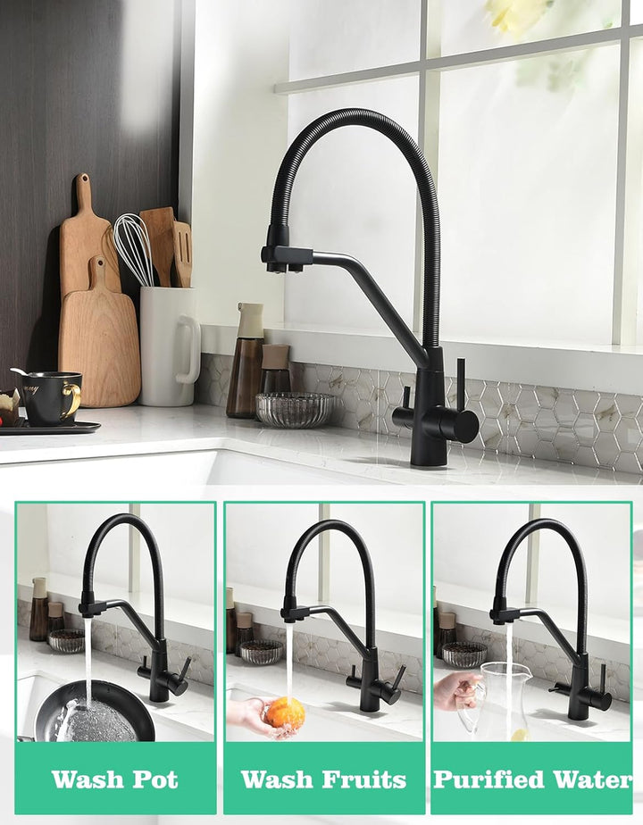 TIMACO 3 Wege Wasserhahn Küche Schwarz,Küchenarmatur-360° Drehbar,mit 3 in 1 Wasserhahn für Wasserfi
