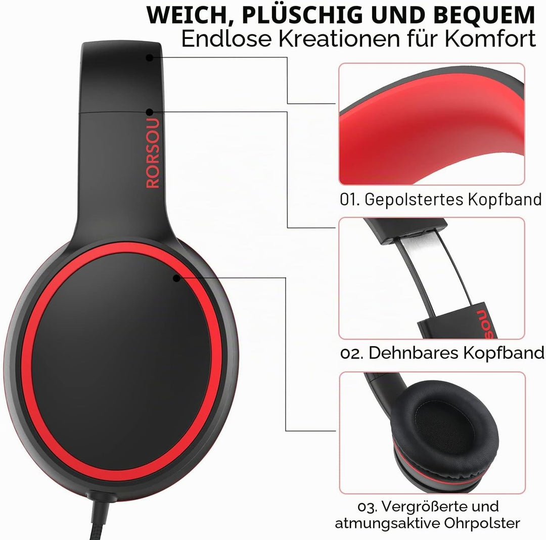 RORSOU R10 Over-Ear-Headphones mit Mikrofon, leichte Faltbare Stereo-Bass-Headset mit 1,5 m Nicht ve