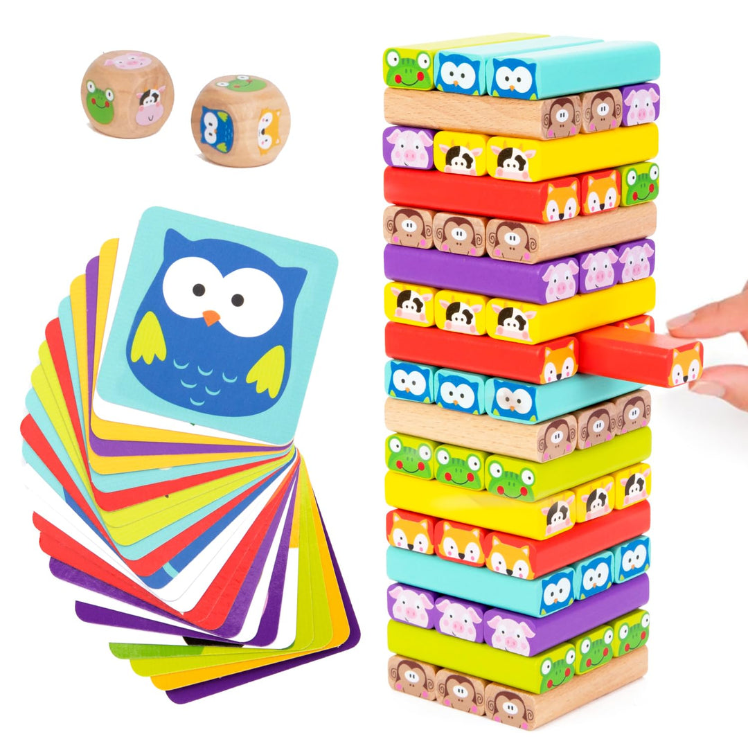 Nene Toys Wackelturm 4 in 1 aus Holz mit Farben und Tieren - Pädagogisches Kinderspiel ab 3 Jahre -