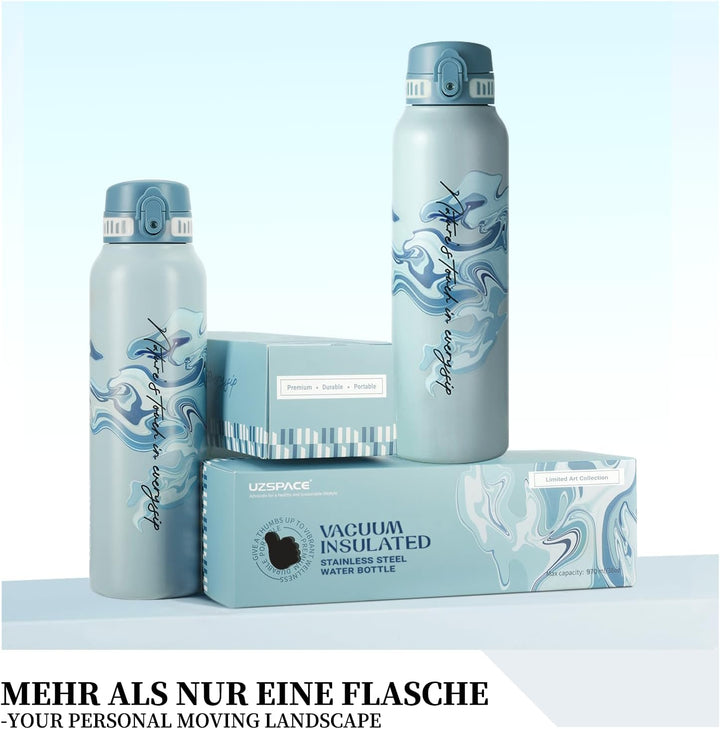 UZSPACE Edelstahl Trinkflasche 1l (970ml), Isolierte Thermosflasche mit 1-Klick-Öffnung, 100% Auslau